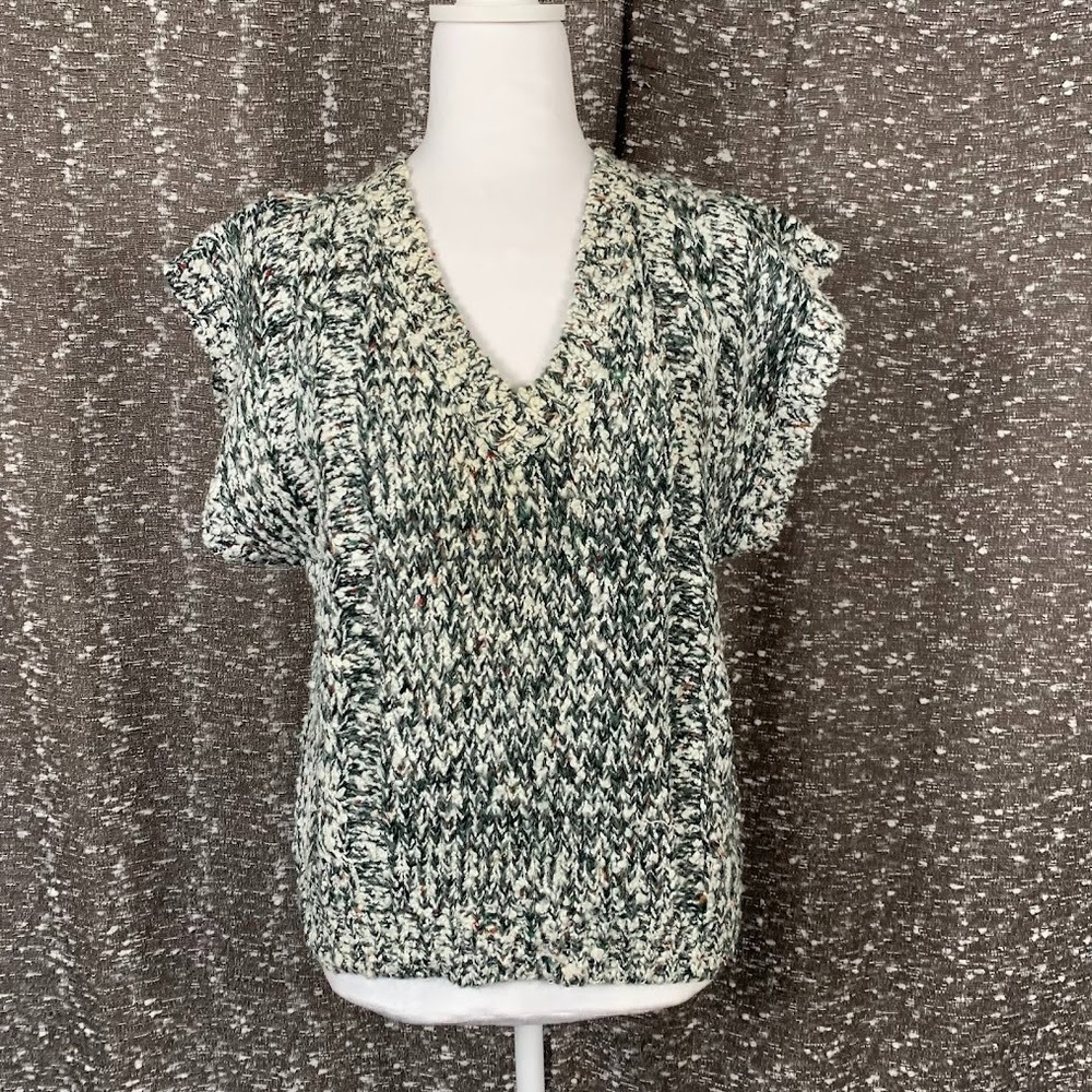 Vintage MS Sport Wool Blend White Green Gray V-Neck Chunky Knit Sweater Vest‎